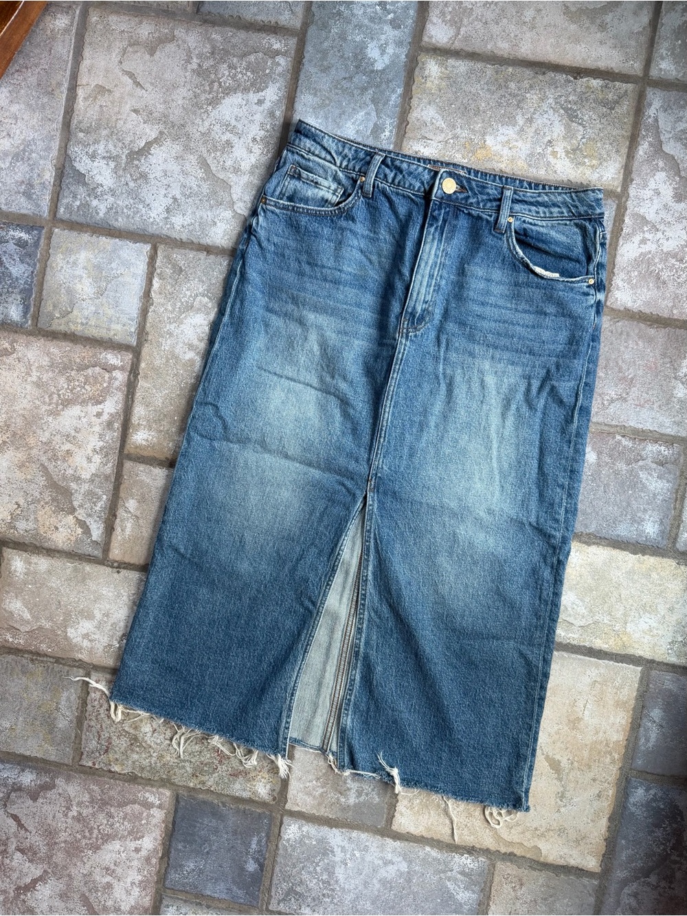 High waisted blue denim midi skirt with front slit